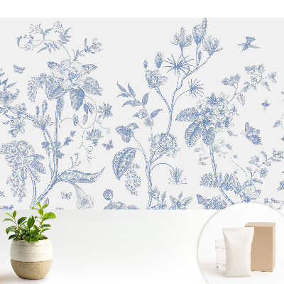 Fototapeta na wymiar do sypialni Delikatne niebieskie kwiaty i ptaki