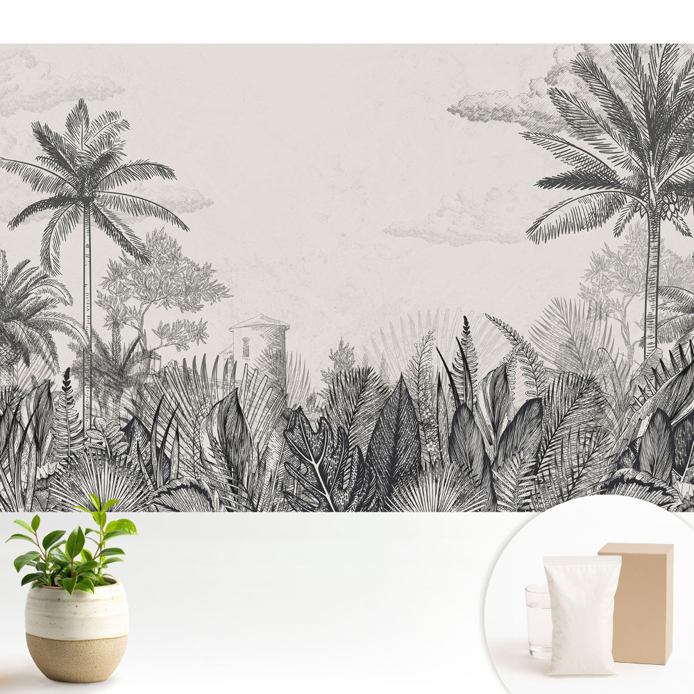 Tapeta fotograficzna flizelinowa Egzotyczne palmy i tajemnicza budowla