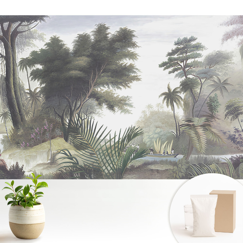 Tapeta fotograficzna flizelinowa Bujna dżungla z łodzią na rzece