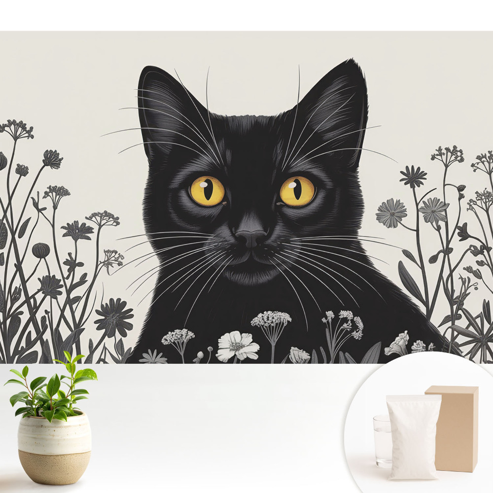 Tapeta fotograficzna flizelinowa Czarny kot wśród kwiatów o żółtych oczach