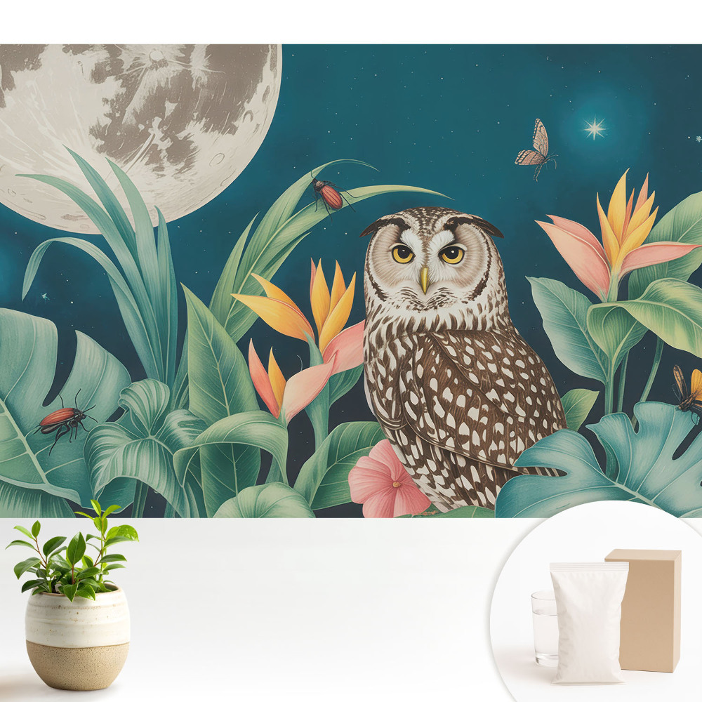 Tapeta fotograficzna flizelinowa Nocny krajobraz z sową i księżycem