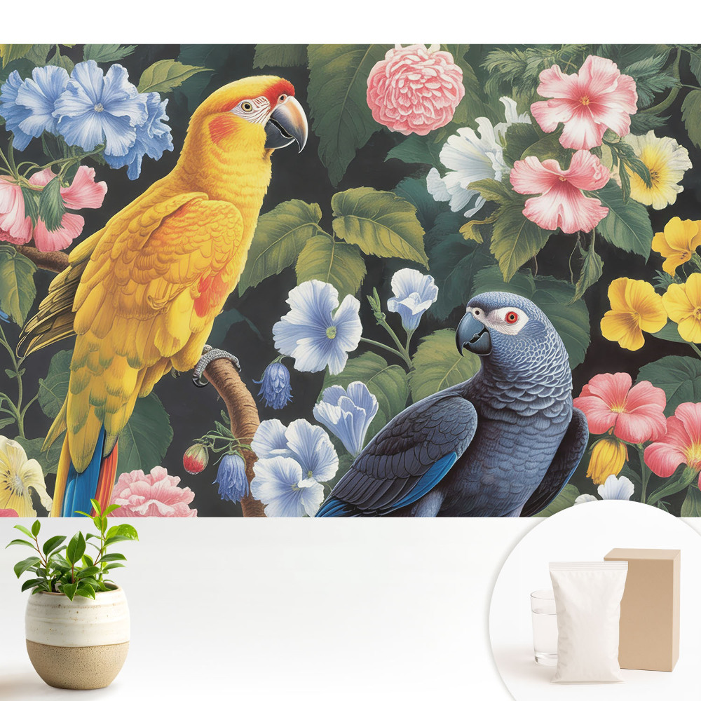 Fototapeta z nadrukiem na flizelinie Kolorowe ptaki tropikalne wśród kwiatów
