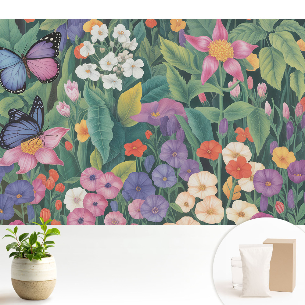Fototapeta do salonu Kolorowa łąka pełna kwiatów motyli.