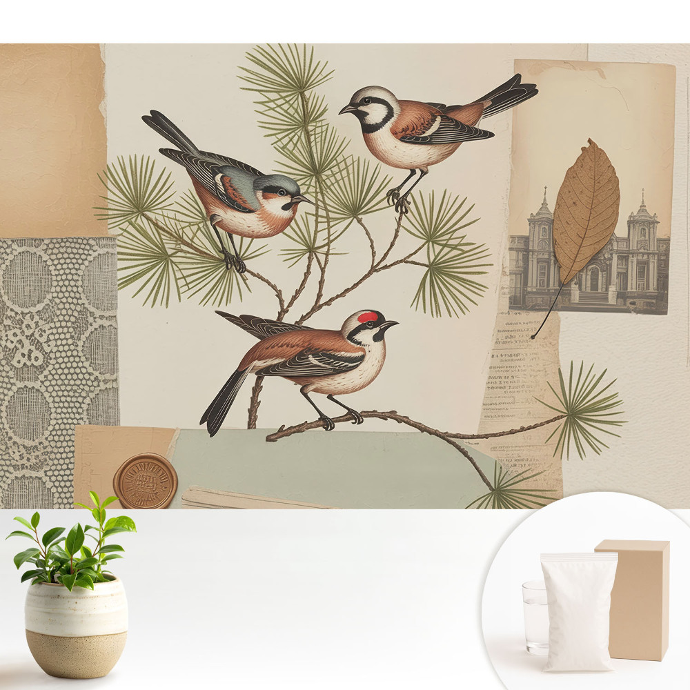 Fototapeta flizelinowa do salonu Ptaki na gałęzi vintage collage