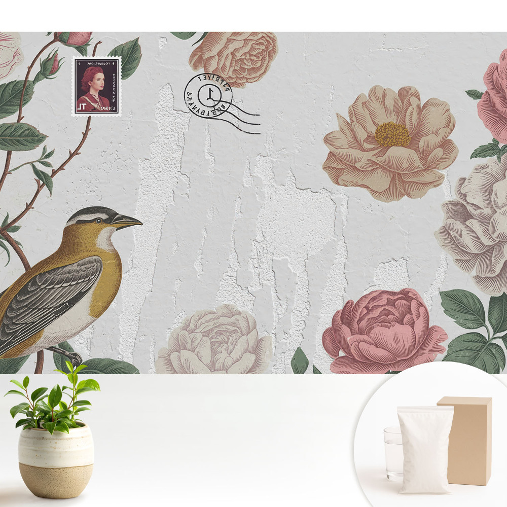 Tapeta fotograficzna flizelinowa Kwiaty i ptak na tle ściany