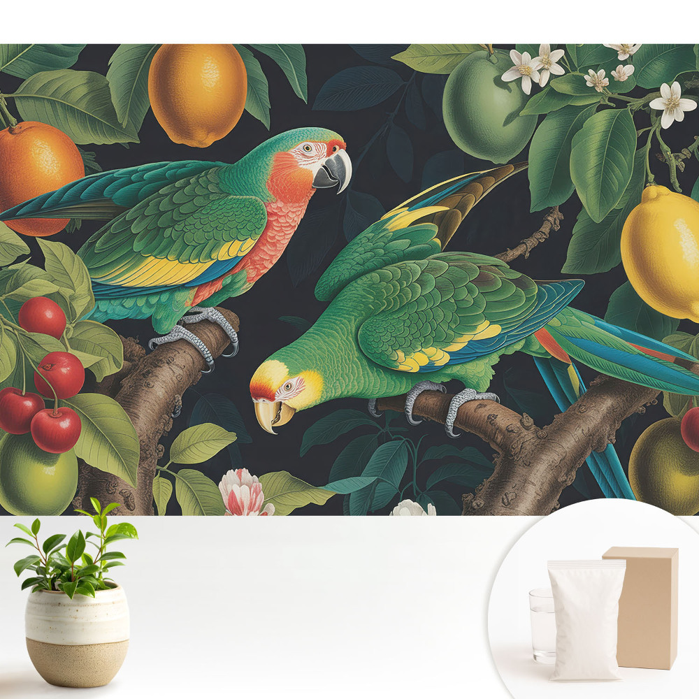 Tapeta fotograficzna flizelinowa Egzotyczny motyw z papugami i owocami