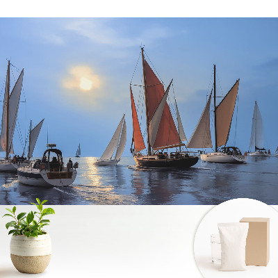 Fototapeta flizelinowa do salonu Jachty i zachód słońca na spokojnym morzu