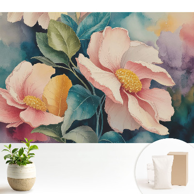 Fototapeta na wymiar do sypialni Pastelowe kwiaty z liśćmi w akwarelowym stylu