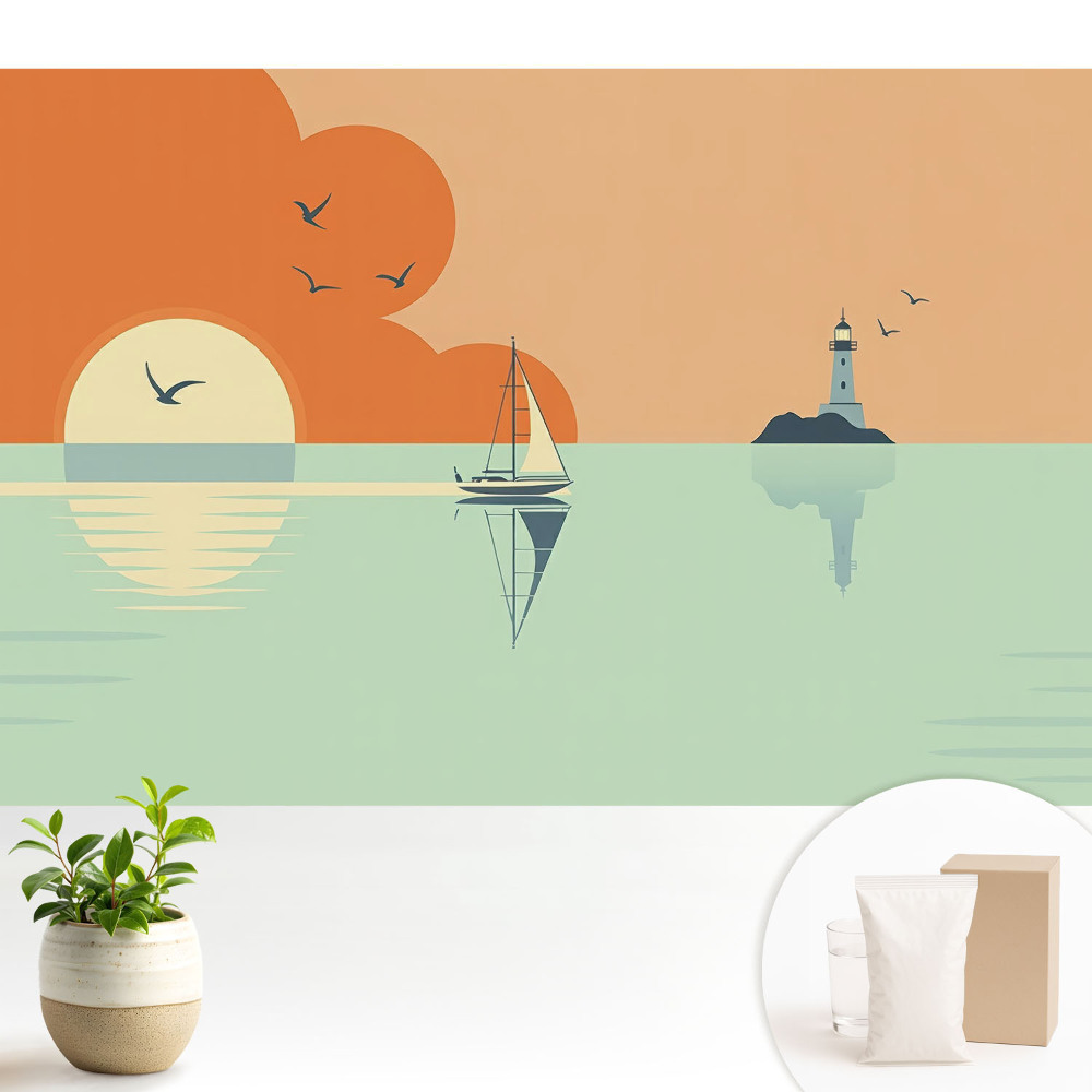 Fototapeta z nadrukiem na flizelinie Żaglówka i latarnia na tle wschodu słońca