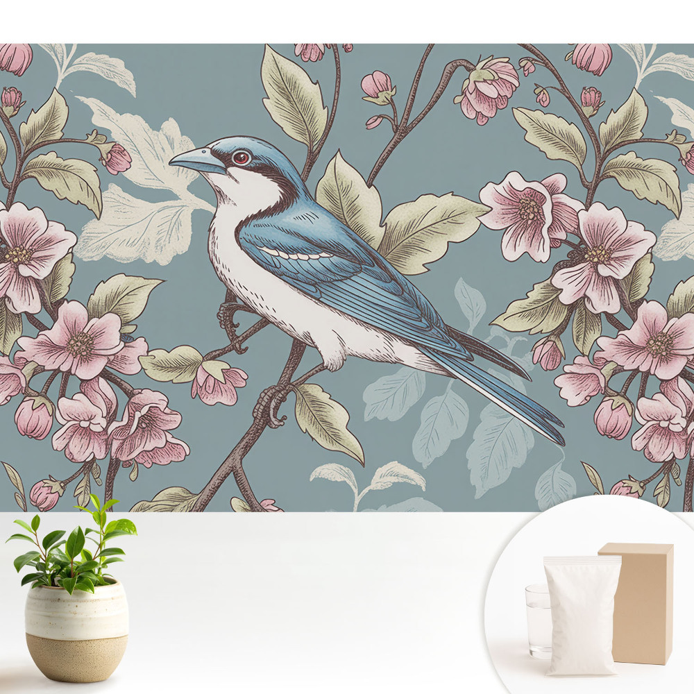 Nowoczesna fototapeta na wymiar Ptak i kwitnące gałęzie wiśni