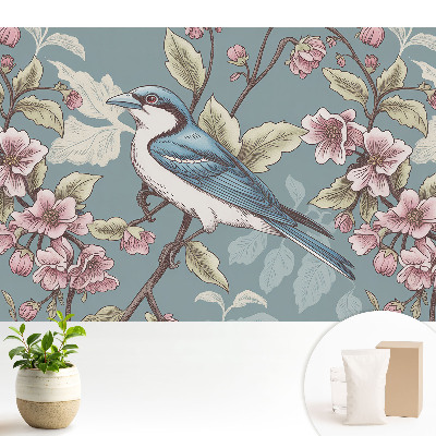 Nowoczesna fototapeta na wymiar Ptak i kwitnące gałęzie wiśni