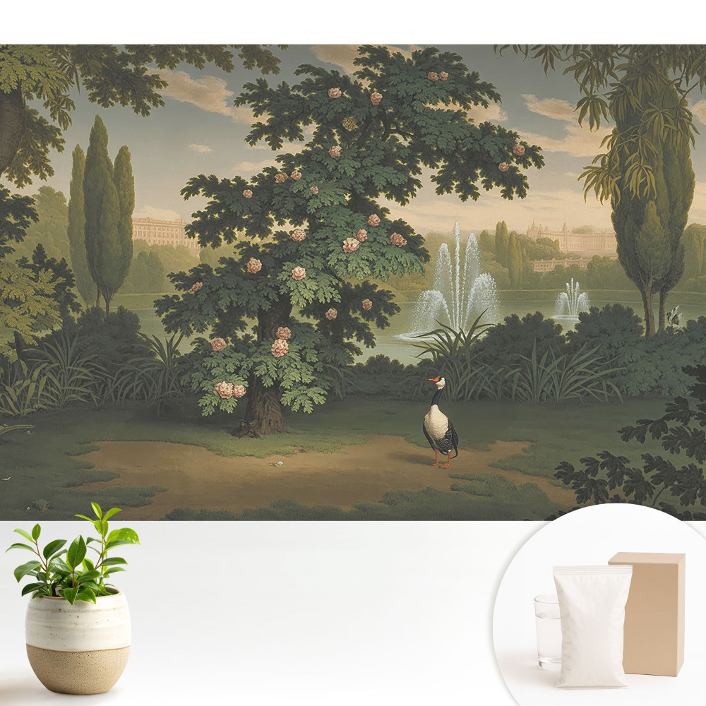 Nowoczesna fototapeta na wymiar Malowniczy ogród z drzewem i ptakiem