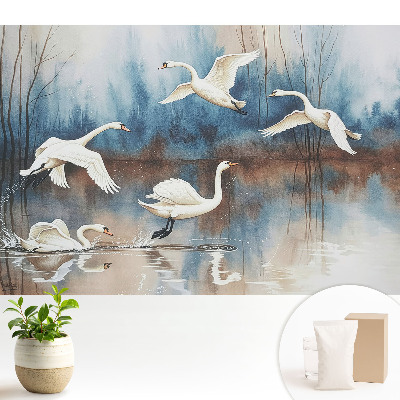 Nowoczesna fototapeta na wymiar Łabędzie nad jeziorem w mglistym lesie