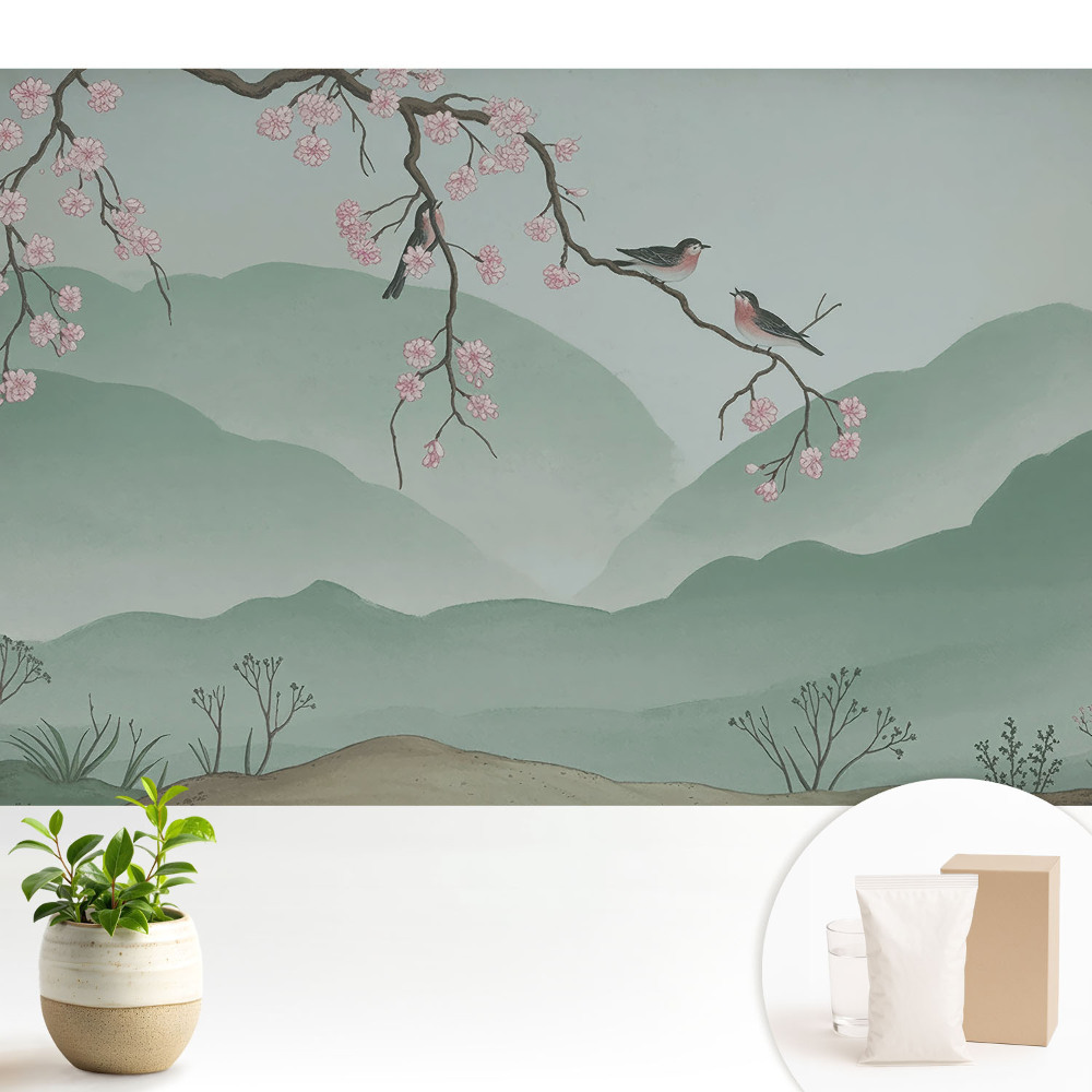 Tapeta fotograficzna flizelinowa Kwiaty i ptaki na tle wzgórz