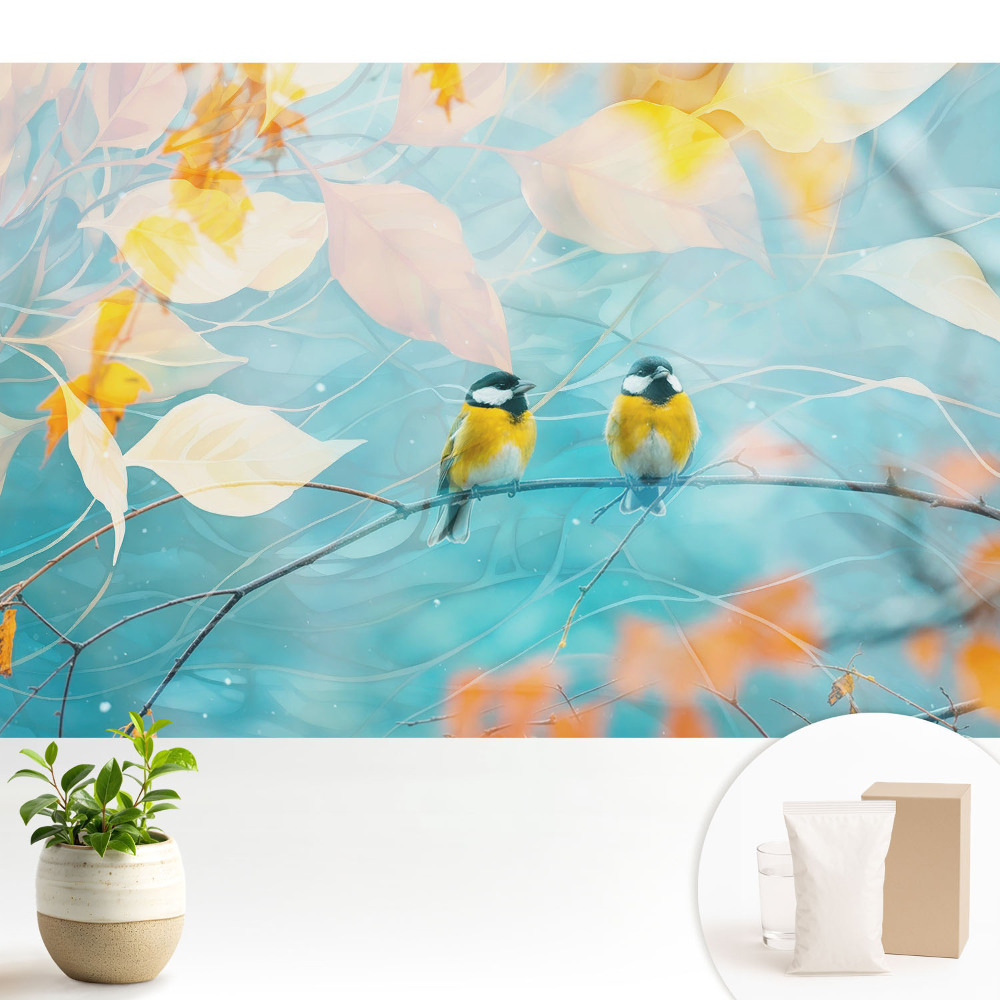 Fototapeta Ptaki na gałęzi liściaste akcenty.