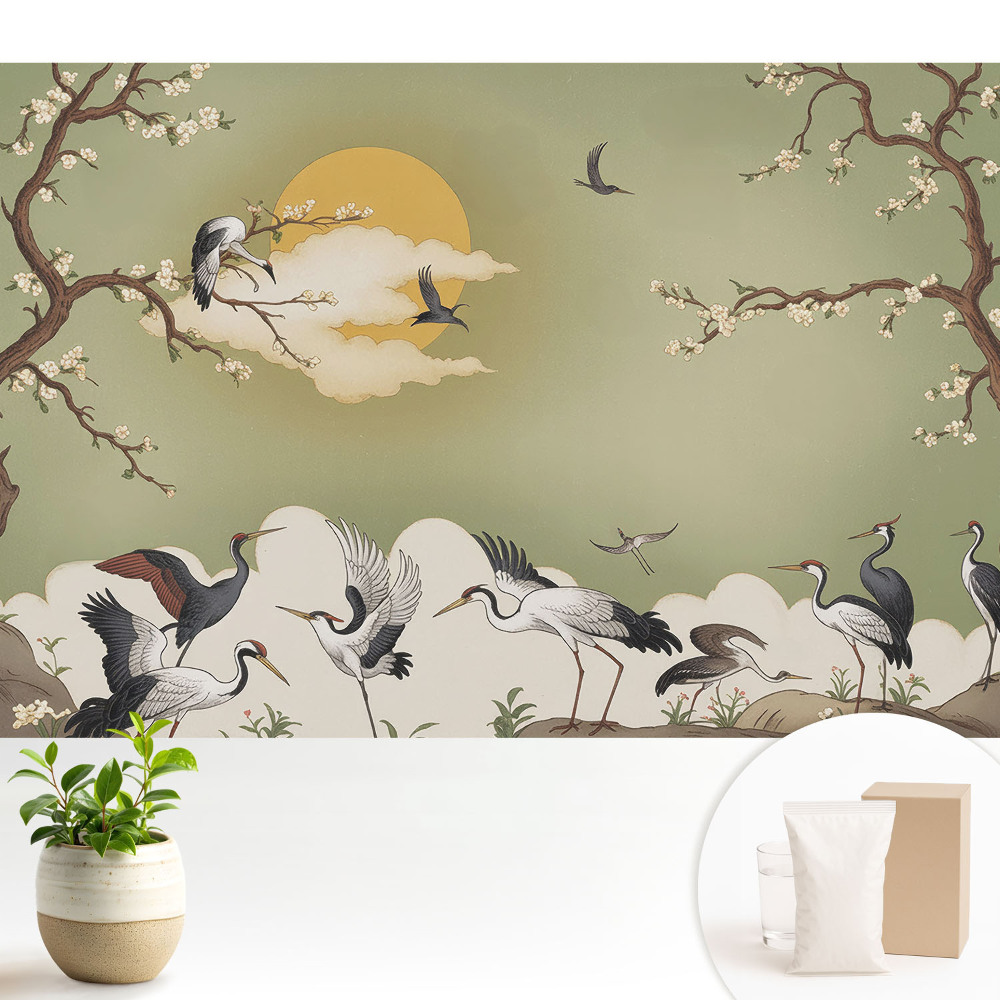 Fototapeta na wymiar do sypialni Żurawie i kwitnące drzewa