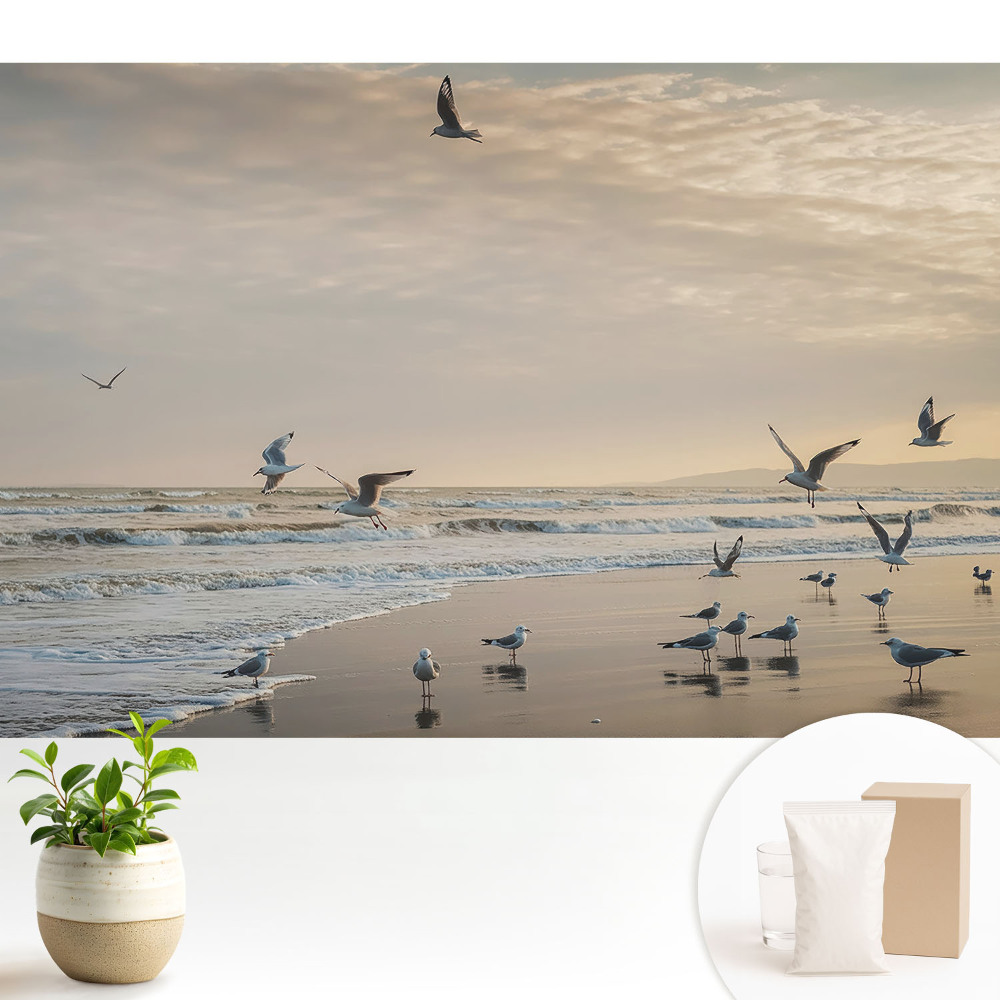 Tapeta fotograficzna flizelinowa Mewy przy morskim brzegu o zachodzie słońca