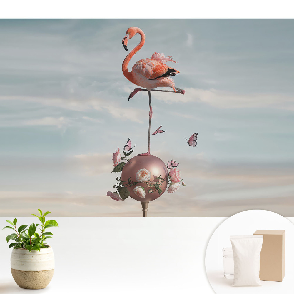 Tapeta fotograficzna flizelinowa Flaming z kwiatami i motylami