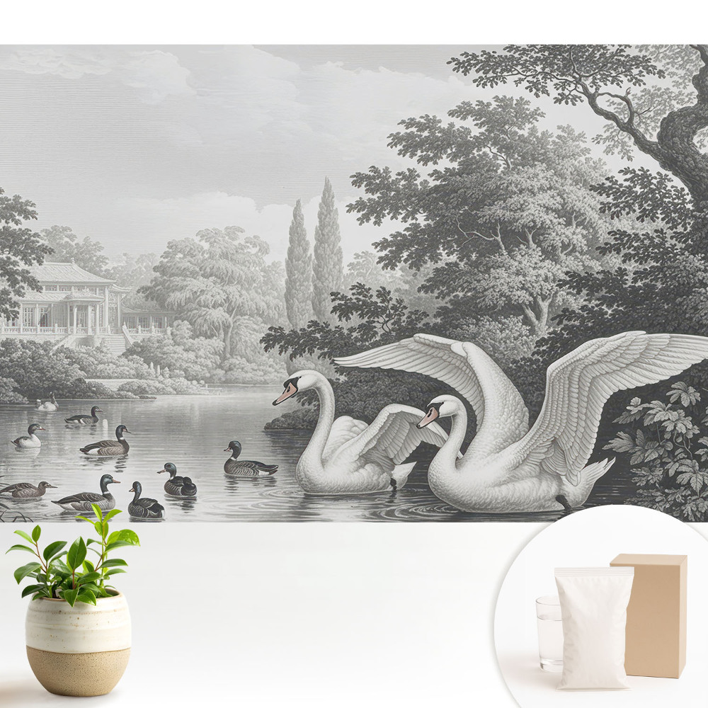 Tapeta fotograficzna flizelinowa Jeziorko z łabędziami i kaczkami w klasycznym stylu