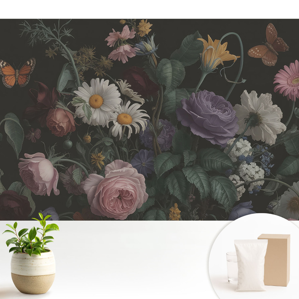 Tapeta fotograficzna flizelinowa Kwiatowy bukiet z motylami na ciemnym tle