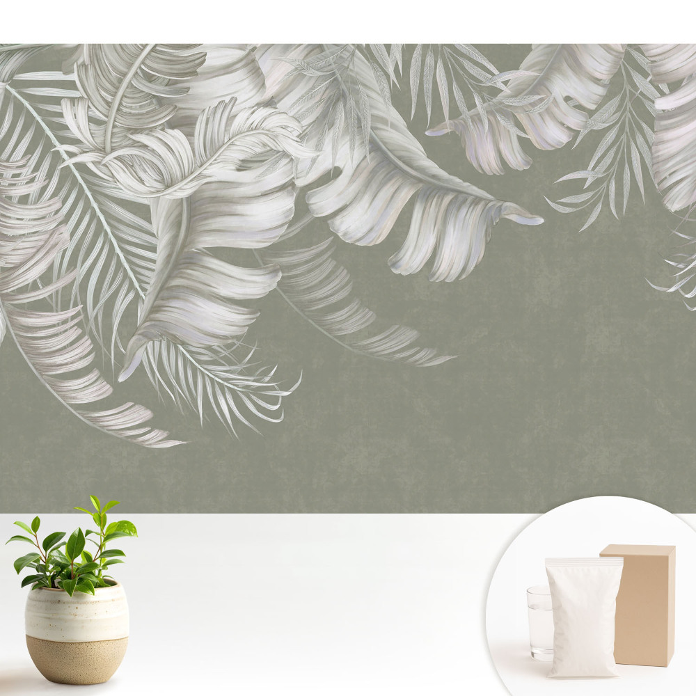 Fototapeta do salonu Subtelne liście tropikalne na szarym tle