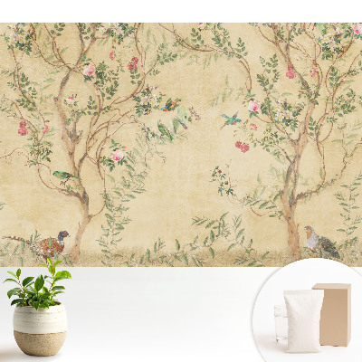 Tapeta fotograficzna flizelinowa Eleganckie drzewo z kwiatami i ptakami