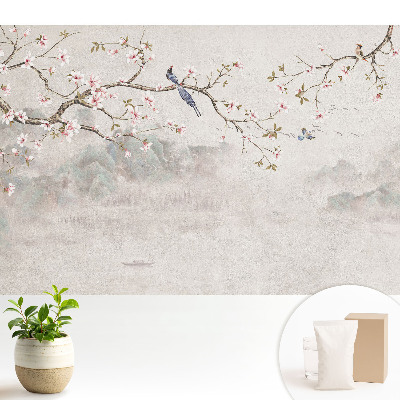 Tapeta fotograficzna flizelinowa Delikatne kwiaty i ptaki na tle gór