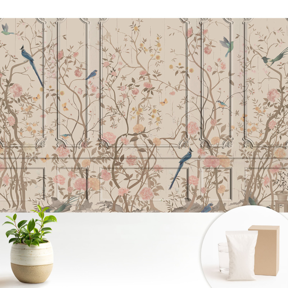 Fototapeta do salonu Ptaki i róże na tle paneli