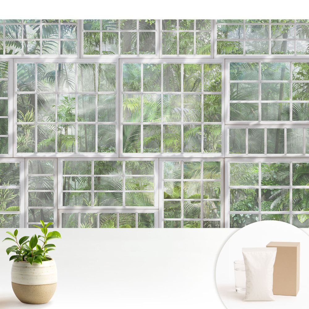 Tapeta fotograficzna flizelinowa Zielona dżungla za białymi oknami