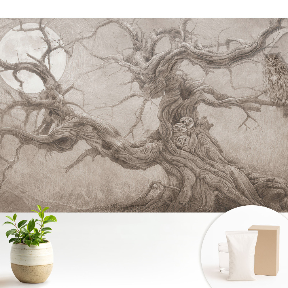 Fototapeta z nadrukiem na flizelinie Księżycowy dąb z sowami