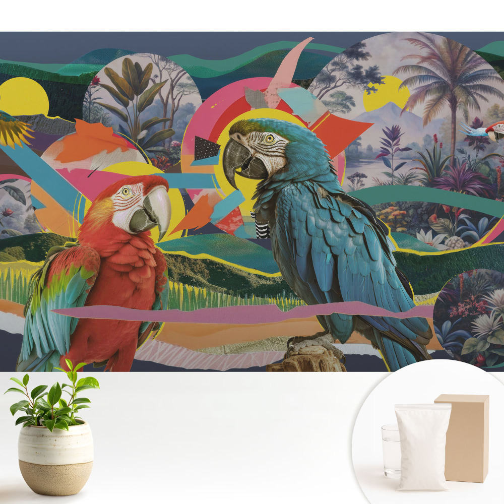 Fototapeta do salonu Kolorowe papugi w tropikalnej scenerii