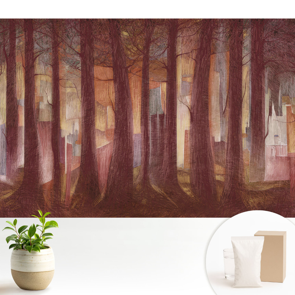 Fototapeta Las z abstrakcyjnymi budynkami w tle