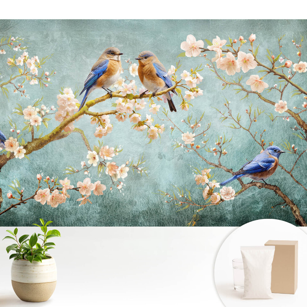 Fototapeta do salonu Ptaki na kwitnących gałęziach pastelowy wzór