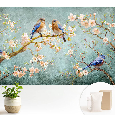 Fototapeta do salonu Ptaki na kwitnących gałęziach pastelowy wzór
