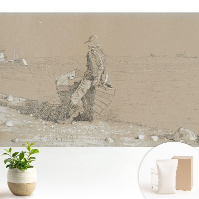 Tapeta fotograficzna flizelinowa Mężczyzna z łodzią na plaży