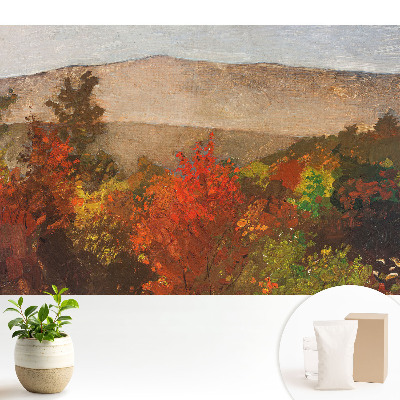 Fototapeta na wymiar do sypialni w jesiennych odcieniach z motywem malowniczych gór