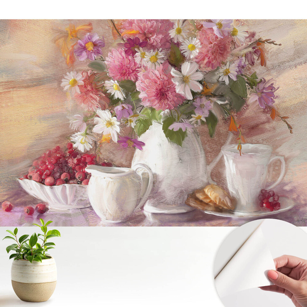 Fototapeta samoprzylepna do salonu Bukiet kwiatów ze starannie aranżowanymi dodatkami