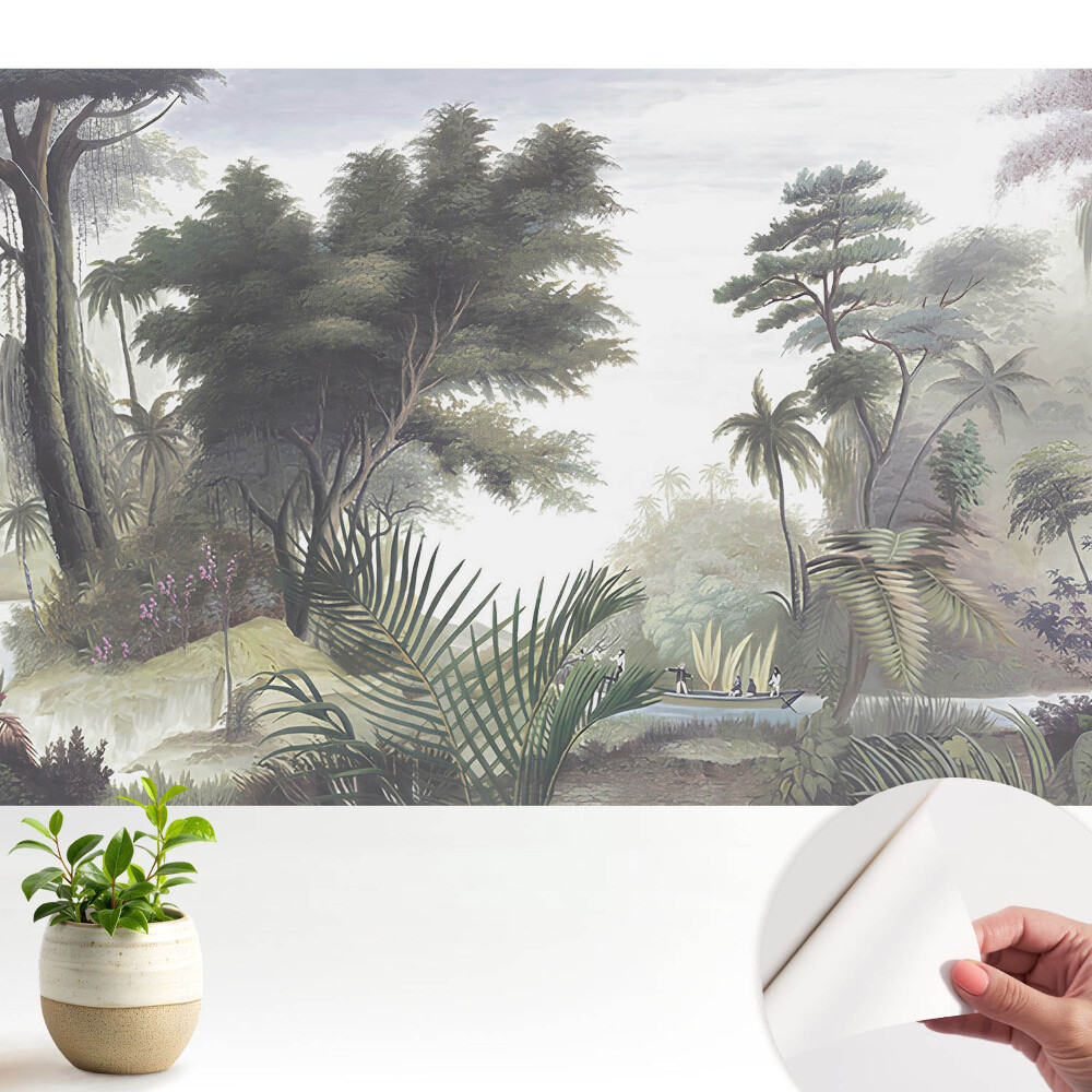 Tapeta fotograficzna samoprzylepna Bujna dżungla z łodzią na rzece