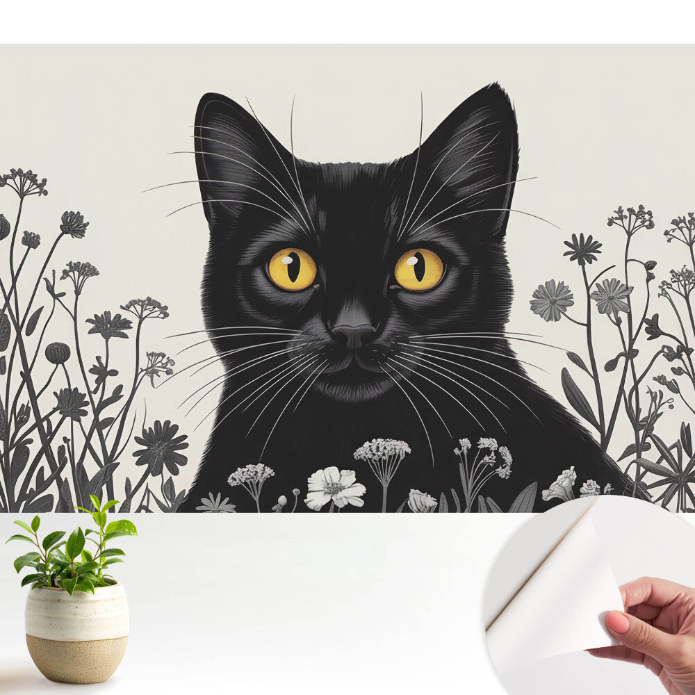Tapeta fotograficzna samoprzylepna Czarny kot wśród kwiatów o żółtych oczach
