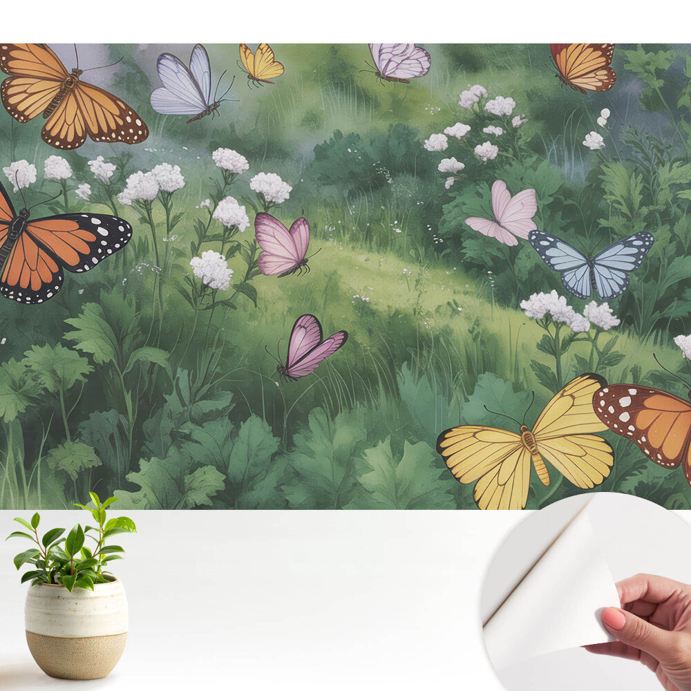 Tapeta fotograficzna samoprzylepna Kolorowe motyle nad łąką pełną kwiatów