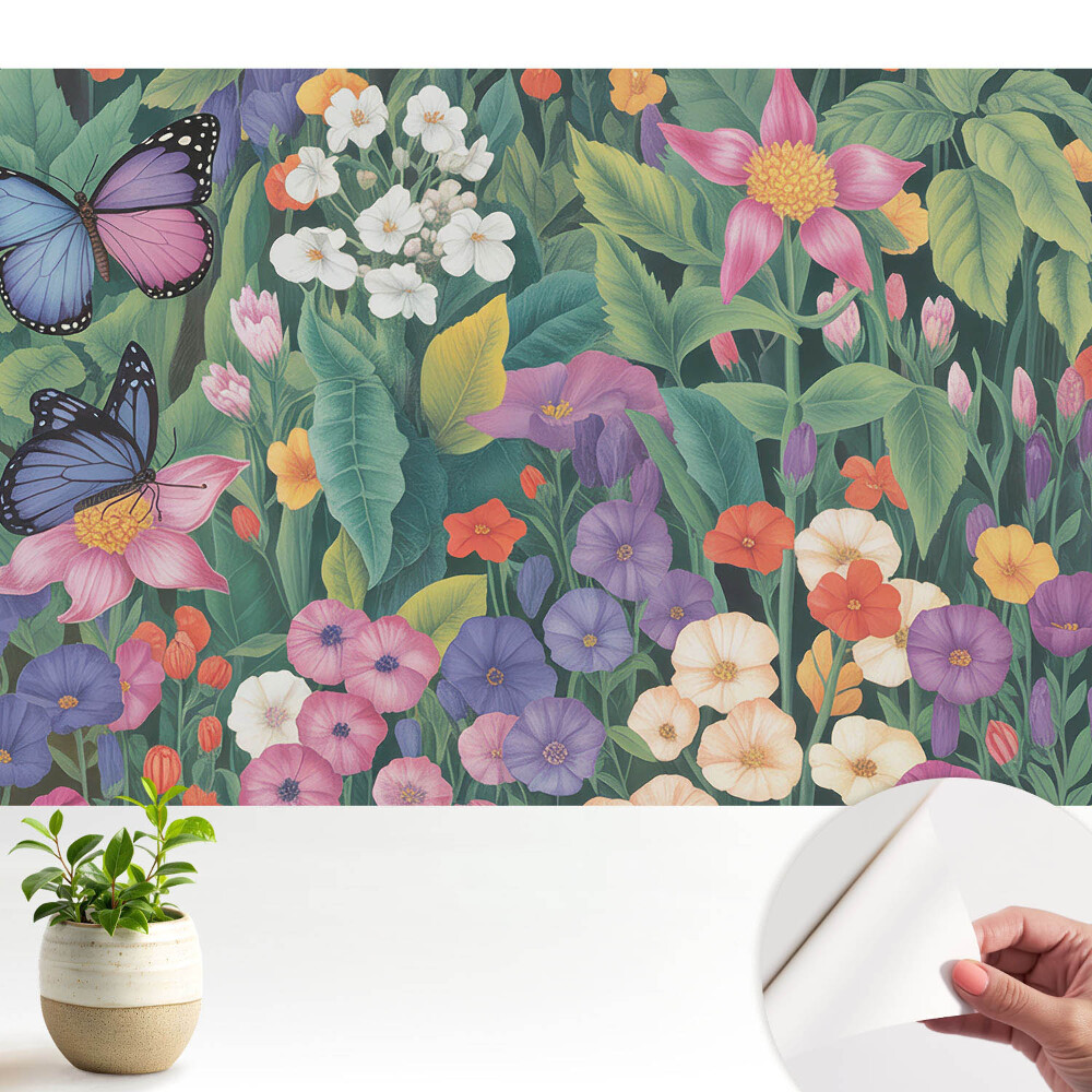 Fototapeta do salonu Kolorowa łąka pełna kwiatów motyli.