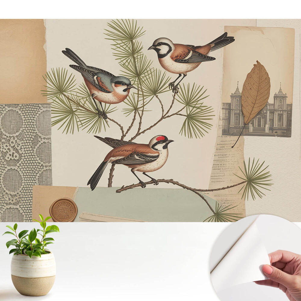 Fototapeta samoprzylepna do salonu Ptaki na gałęzi vintage collage