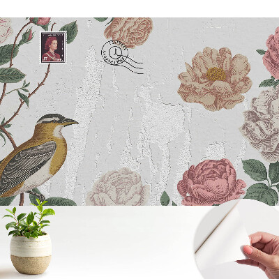Tapeta fotograficzna samoprzylepna Kwiaty i ptak na tle ściany