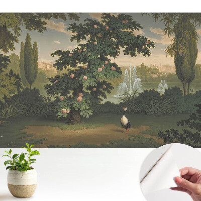 Nowoczesna fototapeta na wymiar Malowniczy ogród z drzewem i ptakiem