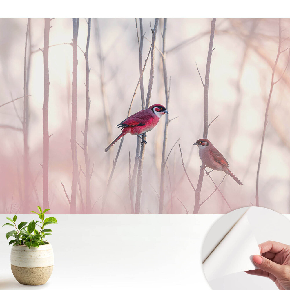 Nowoczesna fototapeta na wymiar Urocze ptaki w różowym lesie