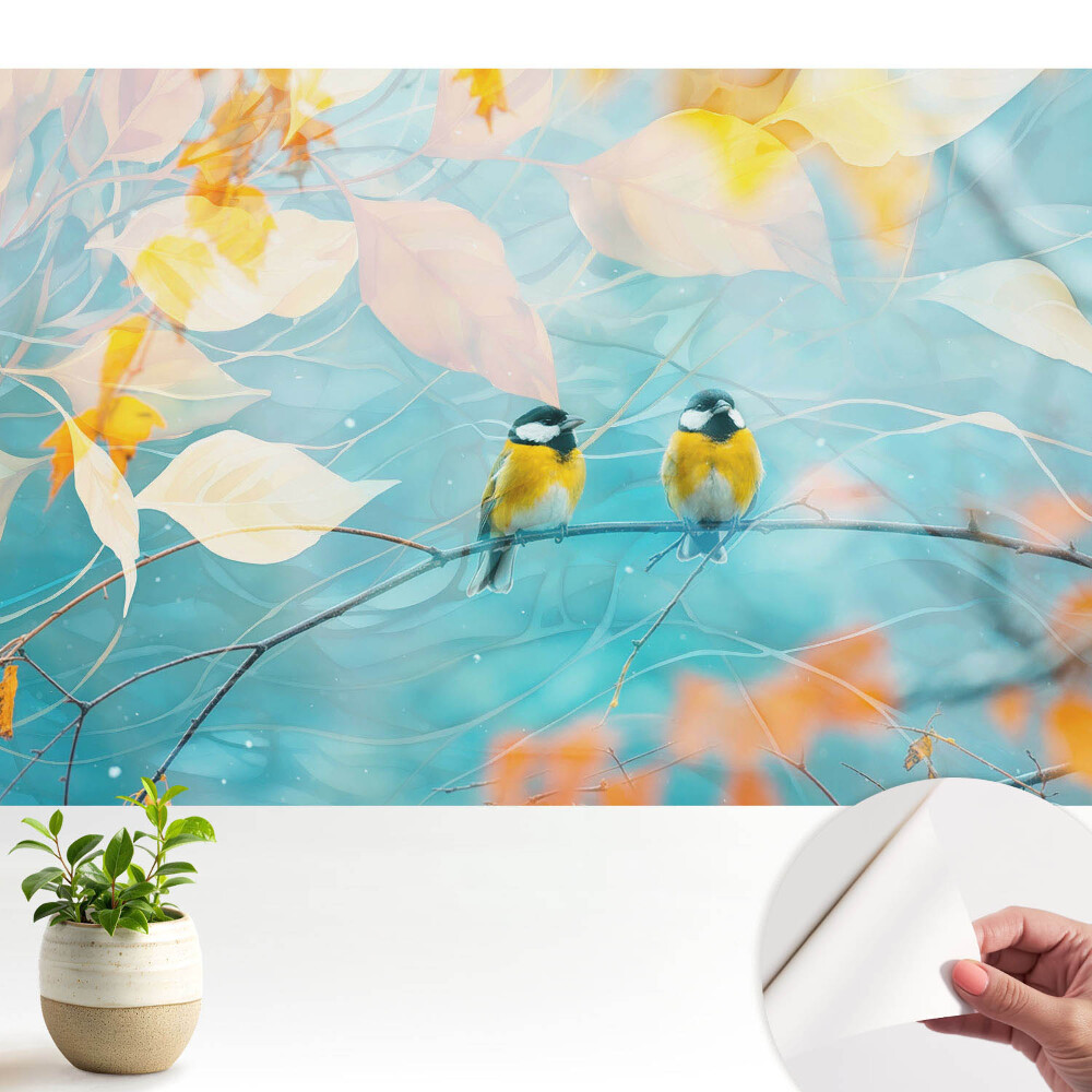 Fototapeta Ptaki na gałęzi liściaste akcenty.