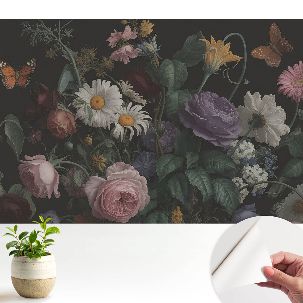 Tapeta fotograficzna samoprzylepna Kwiatowy bukiet z motylami na ciemnym tle