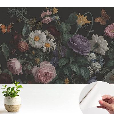 Tapeta fotograficzna samoprzylepna Kwiatowy bukiet z motylami na ciemnym tle