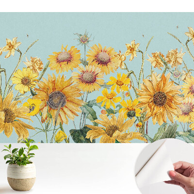 Fototapeta na wymiar do sypialni Rustykalne słoneczniki i kwiaty na błękicie