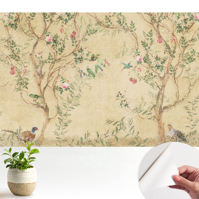 Tapeta fotograficzna samoprzylepna Eleganckie drzewo z kwiatami i ptakami